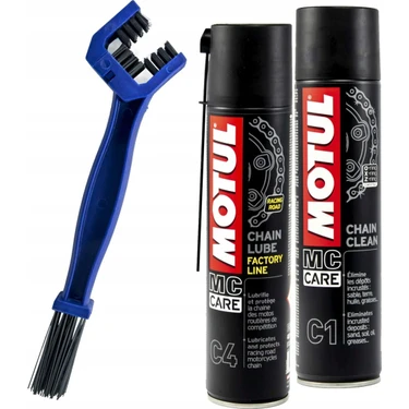 Motul Motosiklet Zincir Bakım Seti C1 Temizleme Spreyi C4 Yağlayıcı ve Fırça Tüm Zincir Tipleri