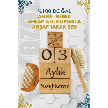 Ma'Vessa Isme Özel 5'li Anne Bebek Anı Küpü ve Doğal Keçi Kılı Saç Fırçası-Şimşir Tarak(Dekoratif