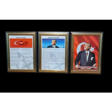 Panda Atatürk Gençliğe Hitabe Istiklal Marşı Portre Tablo Köşe 3'lü Set 45 x 60
