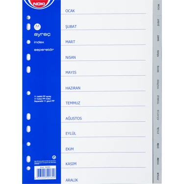 Noki Çıtçıtlı Dosya Ayraç Ocak-Aralık 12 Bölmeli A4 Boyutunda Dayanıklı PP
