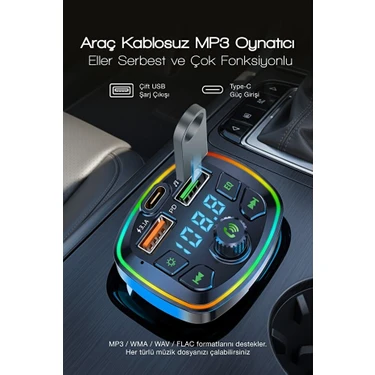 Kensa Bluetooth Araç Çakmaklık FM Transmitter | 48W PD Hızlı Şarj | Çift Mikrofon | Araç Şarj
