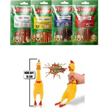 Freshy Kurutulmuş Sığır Ördek Tavuk Kuzu Etli Köpek Ödül Kemiği Karışık Paket ve 1 adet Öten Horoz