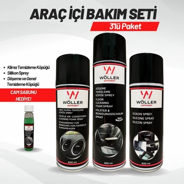 Wöller Araç Içi Bakım Seti 3'lü Paket Klima Temizleyici Silikon Sprey Döşeme ve Genel Temizleme