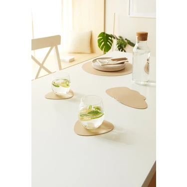 Home Wave 4 Adet Bej/Taş Renk Suni Deri Bardak Altlığı 13 x 11.5