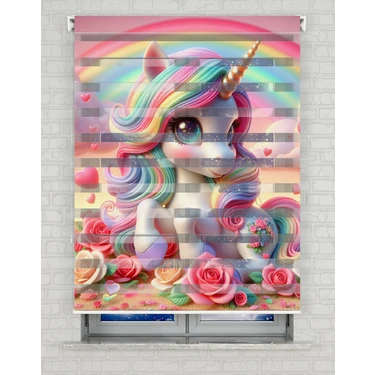 BRIGHTCOVER Unicorn ve Çiçekler Baskılı Zebra Perde - Gece Gündüz - Bebek Odası Perdesi, Kız Çocuk