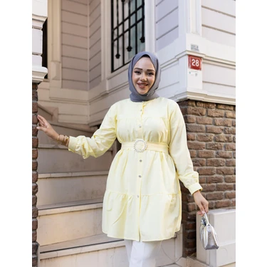 Harma Time Butik Kadın Düğmeli Kemer Detaylı Sarı