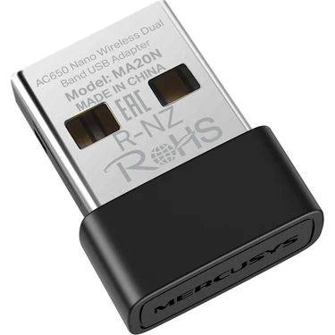 Mercusys MA20N | AC650 Mbps Dual-Band Wi‑Fi 5 Nano USB Adaptör | Kompakt & Tak‑Çalıştır | WPA3 |