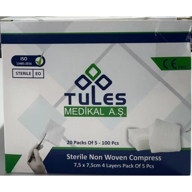 Tules Steril Non Woven Kompres 7,5 x 7,5cm 4 Katlı 100 Adet Profesyonel Kalite Medikal